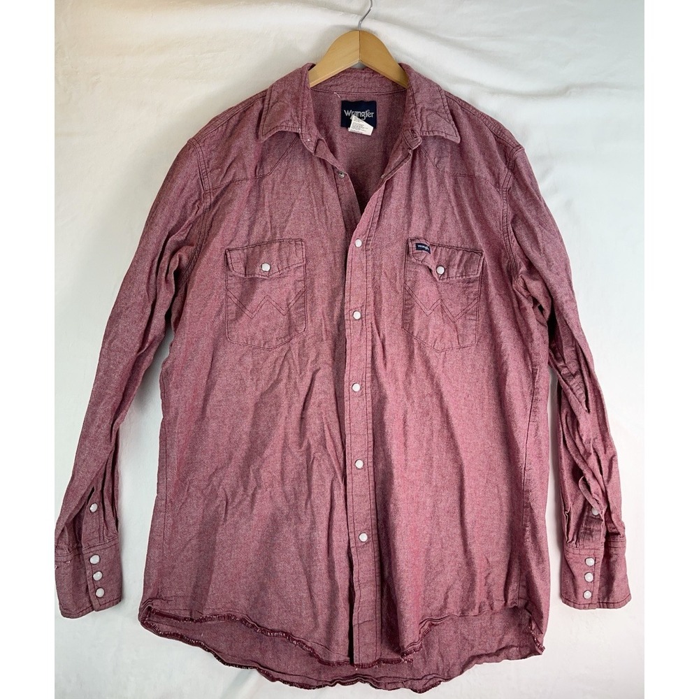 Wrangler Shirt Men XL  Red‎ Long Sleeve Button Snap Rough Hem Tuck Collared